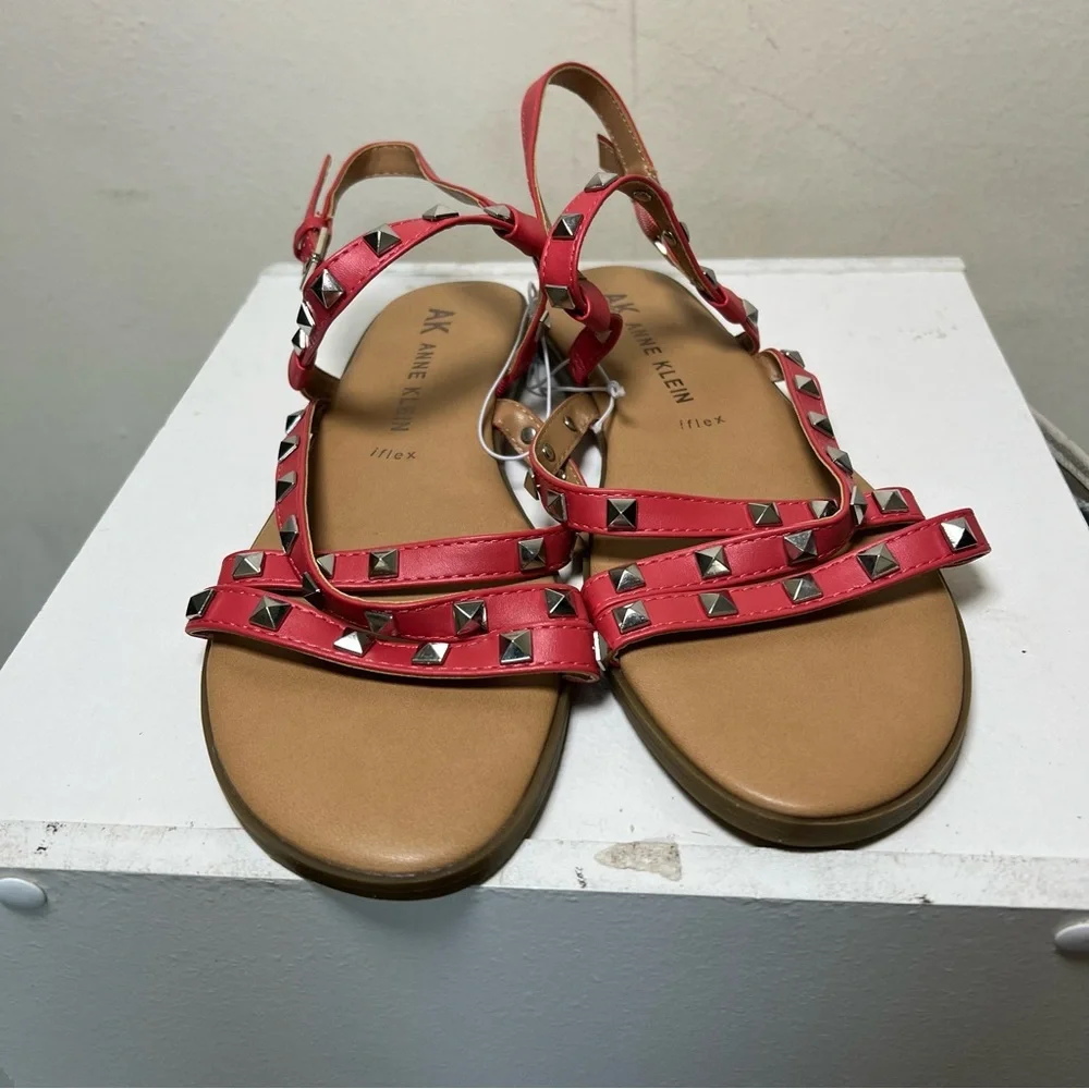 Like New Anne Klein Talulah Coral Pink Studded Flat Gladiator Sandals Sz 8.5 - Picture 3 of 9